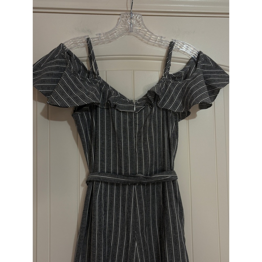Umgee Grey Striped Off Shoulder Wide Leg Jumpsuit S Pocket Belted Ruffle Coastal - Picture 8 of 12
